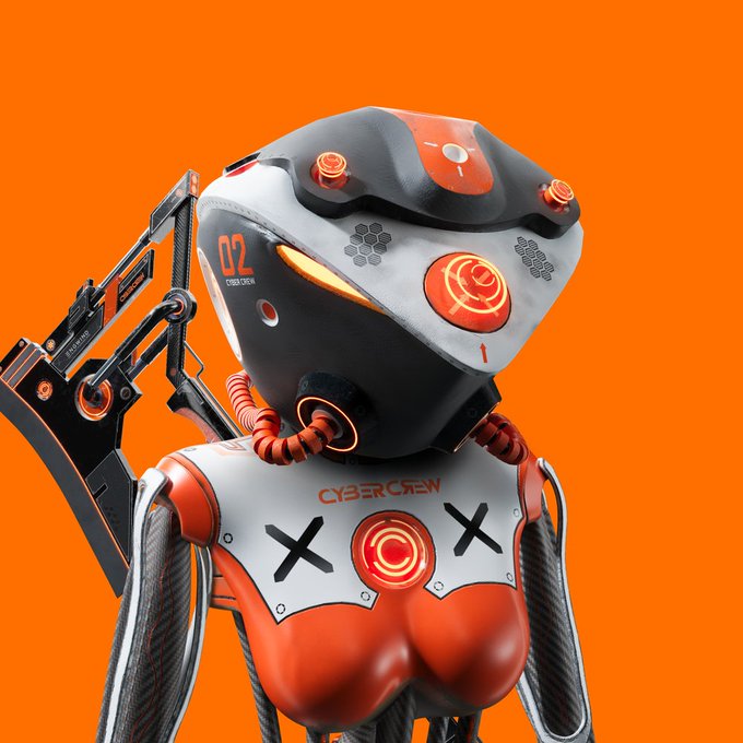 A 3D-rendered futuristic cyborg character labeled 'CYBER CREW' with the number '02' is shown against an orange background, featuring white and orange armor, a gun on its back, and glowing orange details.