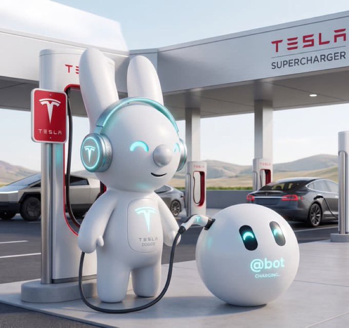 A white Tesla-branded rabbit-like robot wearing headphones charging a small white "@bot" spherical robot at a Tesla Supercharger station, with Tesla vehicles in the background.