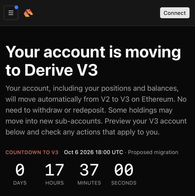 A Derive platform announcement screen titled 'Your account is moving to Derive V3' explaining automatic migration from V2 to V3 on Ethereum, with a countdown showing 0 days, 17 hours, 37 minutes to the Oct 6 2026 18:00 UTC migration.