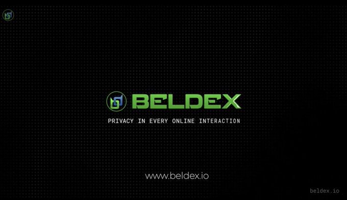 A logo screen for 'BELDEX' with the tagline 'PRIVACY IN EVERY ONLINE INTERACTION' and the website 'www.beldex.io' against a dark background.