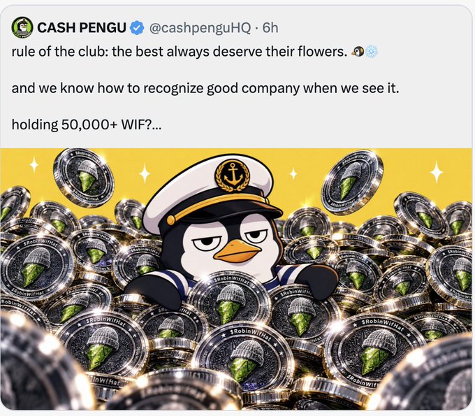 A tweet from Cash Pengu (@cashpenguHQ) saying 'rule of the club: the best always deserve their flowers... and we know how to recognize good company when we see it. holding 50,000+ WIF', accompanied by an image of a penguin character surrounded by $RobinWifr meme coins.