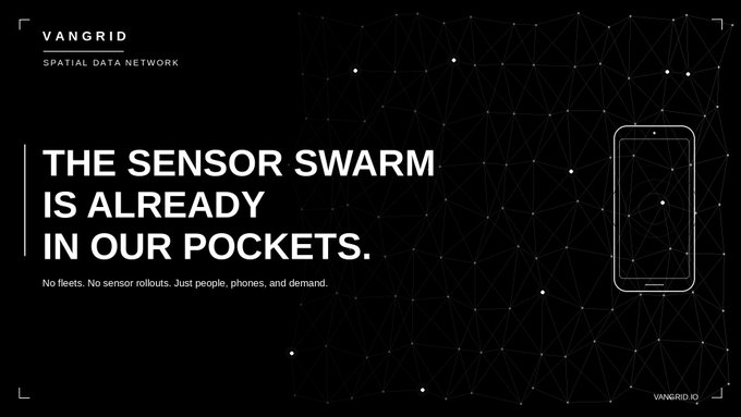 A promotional graphic for "VANGRID SPATIAL DATA NETWORK" with the tagline "THE SENSOR SWARM IS ALREADY IN OUR POCKETS," featuring a smartphone outline against a dark, networked background.