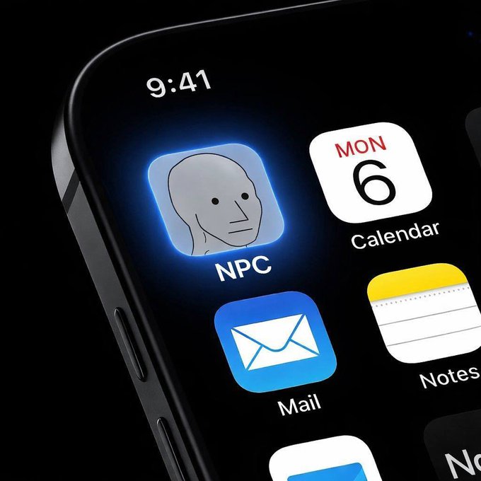 A close-up of an iPhone home screen showing the time 9:41, with a custom 'NPC' app icon featuring a gray face, alongside standard Calendar, Mail, and Notes icons.