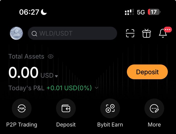 A screenshot of a Bybit crypto trading app dashboard showing "Total Assets 0.00 USD" with a search bar displaying "WLD/USDT," highlighting the stark contrast between the post's "$1M a myth?" question and the reality of an empty trading account with just +0.01 USD in today's P&L.