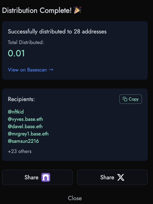 A dark-themed mobile screen showing a 'Distribution Complete!' notification, indicating 0.01 ETH was successfully distributed to 28 addresses via Base, with a list of recipients including @nftkid, @vyves.base.eth, @davel.base.eth, @mrgrey1.base.eth, and @samsun2216.