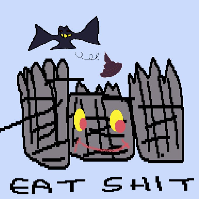 A digital drawing of a grey castle with a smiling face, accompanied by a bat and a witch's hat, with the text 'EAT SHIT' displayed below.