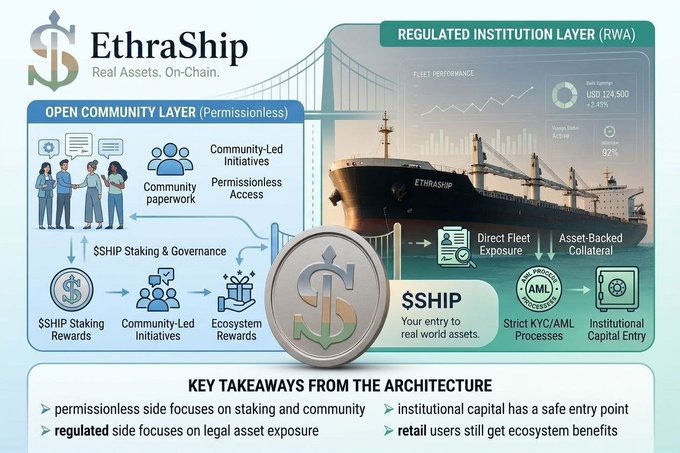 An infographic for 'EthraShip' detailing a two-layer architecture for real-world assets, featuring a cargo ship and sections on Open Community Layer and Regulated Institution Layer.