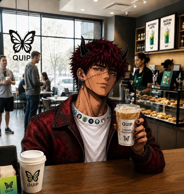An anime-style demon character with red hair and horns holds a coffee cup labeled 'QUIP Caramel Macchiato' inside a modern coffee shop decorated with QUIP branding and butterfly logos.