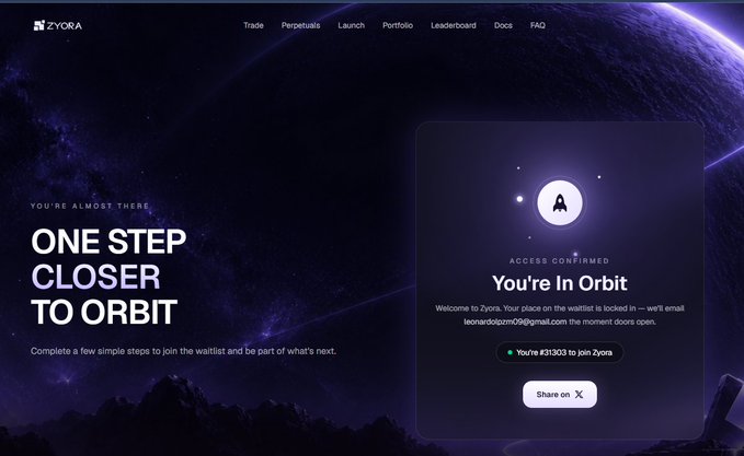 A promotional page for ZYORA cryptocurrency platform with the headline 'ONE STEP CLOSER TO ORBIT' and an 'ACCESS CONFIRMED' notification for a waitlist member with email leonardolozano59@gmail.com.