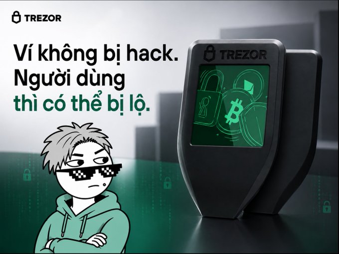 An advertisement for the TREZOR hardware wallet features Vietnamese text 'Ví không bị hack. Người dùng thì có thể bị lộ.' alongside a cartoon figure wearing pixelated sunglasses and an image of the Trezor device displaying a lock and Bitcoin logo.
