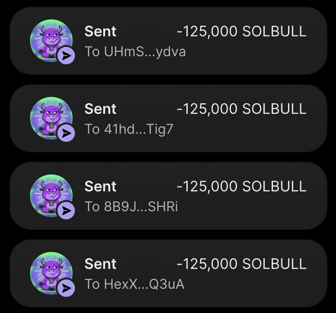 A screenshot shows four consecutive transactions, each sending -125,000 $SOLBULL tokens to different wallet addresses (UHmS...ydva, 41hd...Tig7, 8B9J...SHRi, and HexX...Q3uA), visually supporting the claim of distributing 125,000 $SOLBULL tokens as an airdrop to participants.