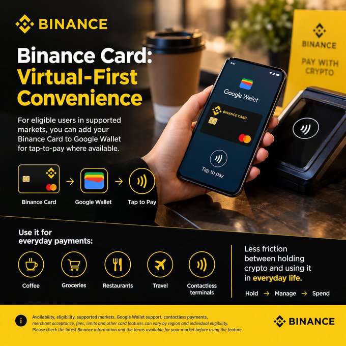 A promotional ad for the Binance Card highlights its virtual-first convenience, showing a smartphone displaying Google Wallet with the Binance Card enabled for contactless tap-to-pay, along with a step-by-step visual showing Binance Card → Google Wallet → Tap to Pay, and icons for everyday use cases like coffee, groceries, restaurants, travel, and contactless terminals. The image reinforces the post's message by visually demonstrating how the virtual Binance Card integrates with Google Wallet to enable seamless, everyday crypto spending without needing a physical card.