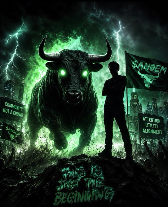 Dramatic digital artwork featuring a giant glowing green-eyed bull and a silhouetted figure with a '$ANSEM' flag, with text reading 'COMMUNITY NOT A CROWD', 'ATTENTION UTILITY ALIGNMENT', and 'THIS IS JUST THE BEGINNING'.