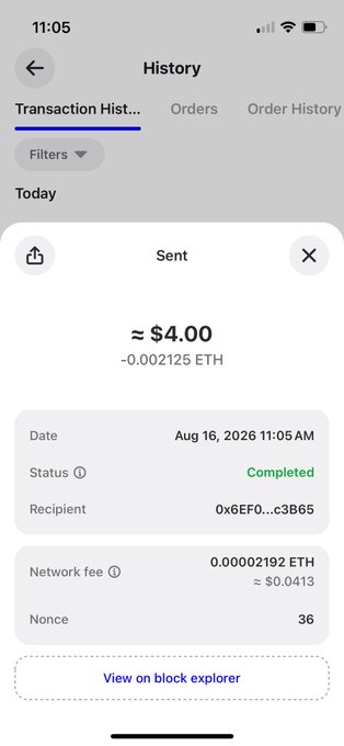 A mobile screenshot shows a completed Ethereum transaction in a "History" tab, with a sent amount of approximately $4.00 (0.002125 ETH), a network fee of 0.00002192 ETH (≈ $0.0413), dated Aug 16, 2026, addressed to recipient 0x6EF0...c3B65, with the transaction status shown as "Completed."

The accompanying post "If you post it like this next time, you'll be disqualified" suggests this image is being used as an example of how *not* to share transaction proof — likely because it reveals sensitive wallet details (like the full recipient address and nonce) without properly censoring private information.