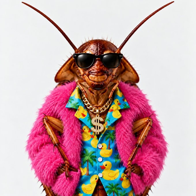 A stylized anthropomorphic cockroach wearing black sunglasses, a bright pink furry coat, and a blue yellow-duck shirt poses with its forelegs on its hips.