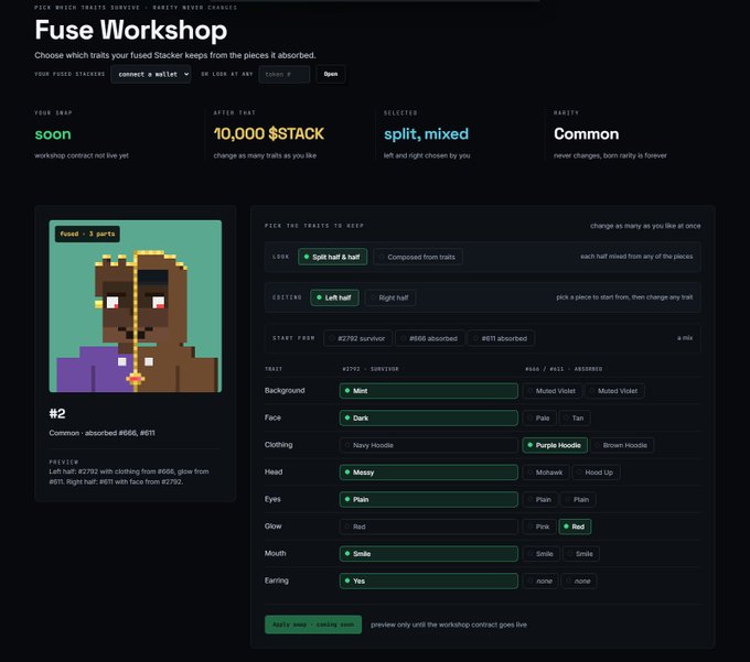 A screenshot of the "Fuse Workshop" interface for Stacker NFTs, showing a preview of a fused pixel-art character (#2, "Common," absorbed from #666 and #611) with selectable traits including Mint background, Dark face, Purple Hoodie, Messy head, Plain eyes, Red glow, Smile mouth, and Yes earring. The page displays shop status ("soon"), a 10,000 $STACK fee, split/mixed selected traits, and Common rarity, directly illustrating the new workshop allowing owners to customize fused Stackers for one transaction.