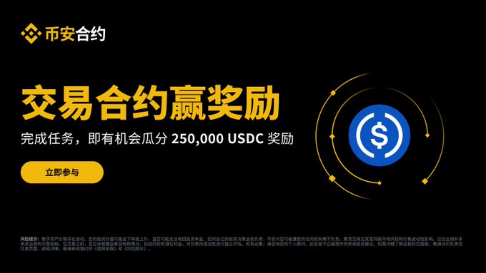 A Binance promotional banner for a trading contract rewards event, featuring a black background with gold text reading "交易合约赢奖励" (Trading Contract Win Rewards) and offering 250,000 USDC in prizes for completing tasks, accompanied by a blue USDC coin graphic with orbital rings and a yellow "立即参与" (Join Now) button, which visually corresponds to the advertised event encouraging new, active, and returning users to participate before July 10.