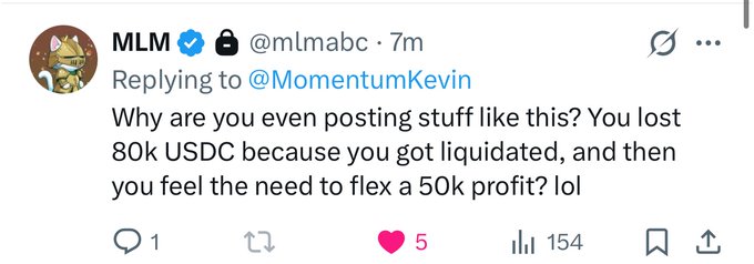 A screenshot of a tweet from MLM (@mlmabc) replying to @MomentumKevin, mocking him for flexing a $50k profit despite previously losing $80k USDC from a liquidation, which @MomentumKevin used to justify his $90k gains on $CASHCAT before being blocked.