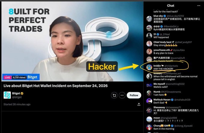A Bitget YouTube livestream titled '8 BUILT FOR PERFECT TRADES' shows a woman with text labeling someone 'Hacker' pointing to a chat comment reading 'I AM THE HACKER' during a discussion about the 'Bitget Hot Wallet Incident on September 24, 2026.'