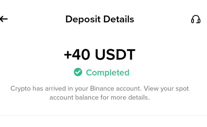 A mobile app screenshot showing a Binance "Deposit Details" page confirming a successful transaction of "+40 USDT," marked with a green checkmark and "Completed" status.