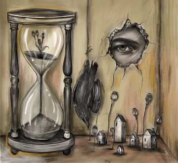A surreal painting featuring a large hourglass, a single eye in a cracked wall, dark leaves, and small houses growing like flowers.