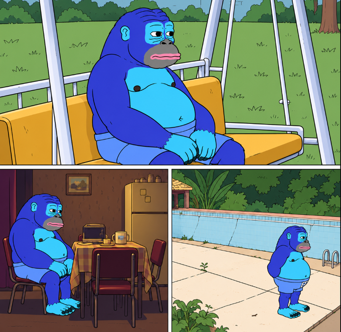 A comic strip featuring a blue gorilla character in three panels: sitting on a swing bench outdoors looking sad, sitting alone at a kitchen table, and standing by an empty swimming pool.