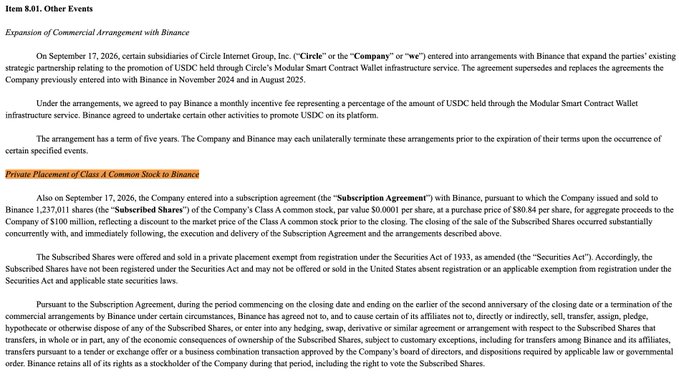 **Item 8.01 Other Events** filing disclosing Circle Internet Group's September 17, 2026 expansion of its commercial arrangement with Binance (replacing prior agreements and committing to a monthly fee of 5% on USDC held via the Modular Smart Contract Wallet, with a five-year term), along with a concurrent private placement of 1,237,011 Class A common shares to Binance at $80.84 per share for $100 million, exempt from Securities Act registration.