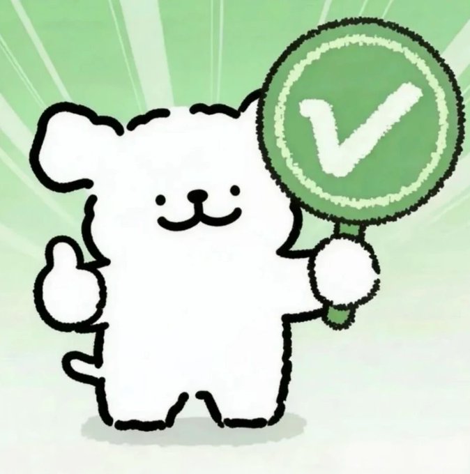 A cartoon illustration of a white dog-like character giving a thumbs-up while holding a green sign with a white checkmark.