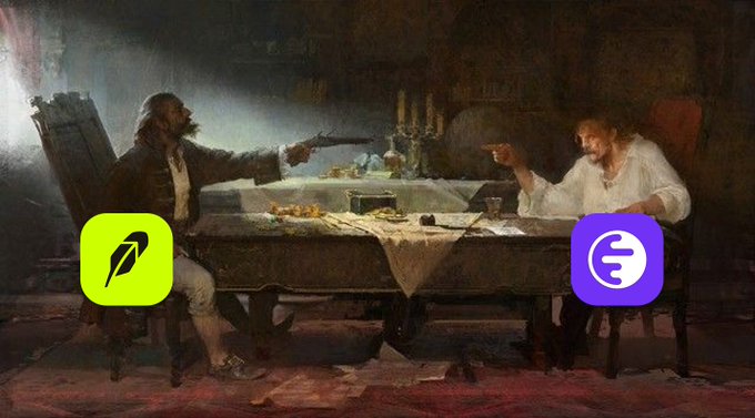 A classical painting of two men at a table where one points a gun at the other, overlaid with Robinhood and another app's logo icons.