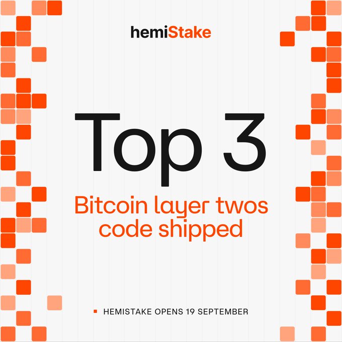 A promotional graphic for hemiStake announcing 'Top 3 Bitcoin layer twos code shipped' with a launch date of 'HEMISTAKE OPENS 19 SEPTEMBER'.