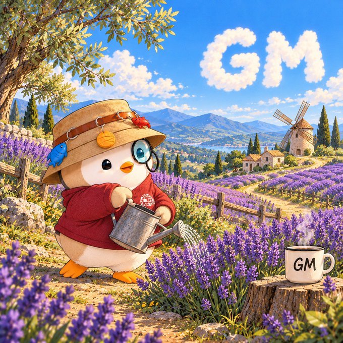 Digital art illustration of a cute penguin-like character in a straw hat and red sweater watering lavender plants in a Provençal landscape with 'GM' spelled in clouds and on a coffee mug.