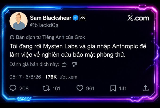 A neon-framed screenshot of a tweet from Sam Blackshear (@b1ackd0g) stating he is leaving Mysten Labs to join Anthropic for research on AI protection, with 176K views.