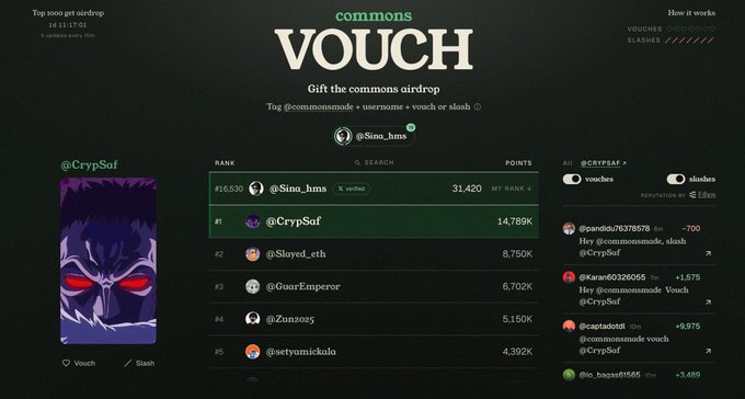 A leaderboard interface for a 'commons VOUCH' airdrop showing rankings with @CrypSaf in first place and @Sino_hms verified in second.