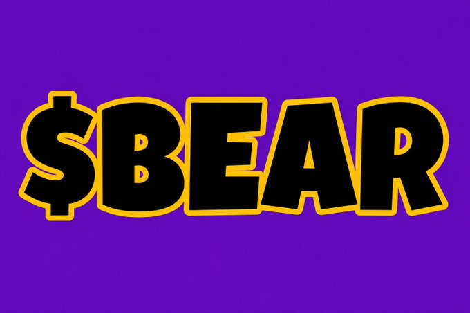 A graphic displaying the text '$BEAR' in bold black letters with a yellow outline on a purple background.