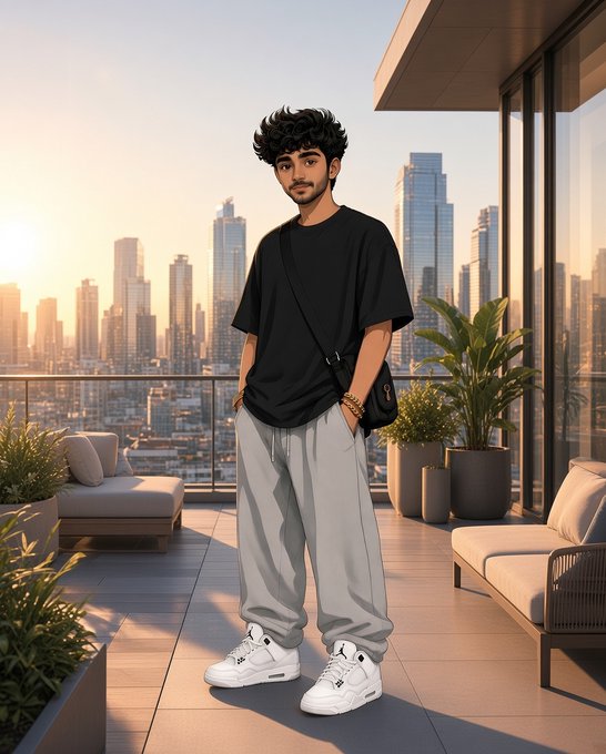 An anime-style digital illustration depicts a young man with curly black hair wearing an oversized black t-shirt, gray sweatpants, and white sneakers, standing on a high-rise balcony overlooking a city skyline at sunset with potted plants and modern seating nearby.