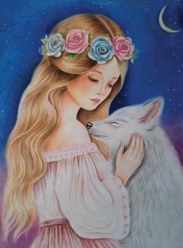 Fantasy-style illustration of a serene blonde girl with a floral crown embracing a white wolf under a crescent moon and starry sky.