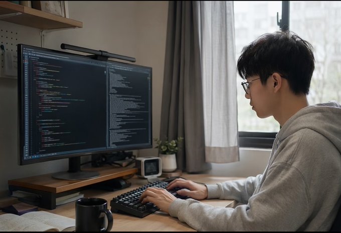 A young man in glasses and a gray hoodie types code on a keyboard in front of a dual-monitor setup displaying programming text.