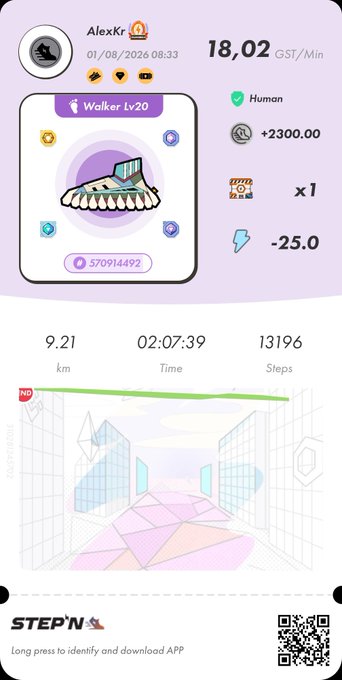A mobile app screenshot from STEP'N showing user stats for 'AlexKr' including 18.02 GST/Min earnings, a 'Walker Lv20' sneaker NFT, 9.21 km distance, 13196 steps, and a 3D city map.