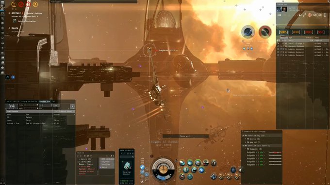 A screenshot of a space combat game called "THE CITADEL," showing a player named "Skyhawk" engaging enemy ships in a space station with UI elements displaying 0% shield, 0% armor, 73% capacitor, and 0% hull integrity, alongside "ICICLE STORM KINETIC DAMAGE" status effects and a "Pretty wall" distance marker at 3,996.5m. The image showcases the game's "ISK ON ISK" action as mentioned in the post about the developers' 5-year journey building this love letter to space games like EVE Online and Homeworld.
