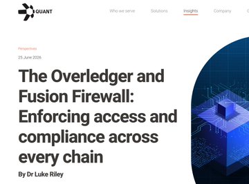 A web article header from Quant Network titled "The Overledger and Fusion Firewall: Enforcing access and compliance across every chain," dated 21 June 2026 and authored by Dr Luke Riley. The design features a blue digital graphic with a small padlock icon, visually reinforcing the cybersecurity and blockchain compliance theme referenced in the accompanying post.