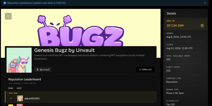The image shows a registration page for "Genesis Bugz by Unvault," an omnichain NFT marketplace with 200 spots available, ending in 2 days, 12 hours, and 35 minutes. The accompanying post describes this as a platform where users can register with an invite code to potentially receive NFT whitelists and airdrops, similar to KaitoAI's Twitter score-based eligibility system.