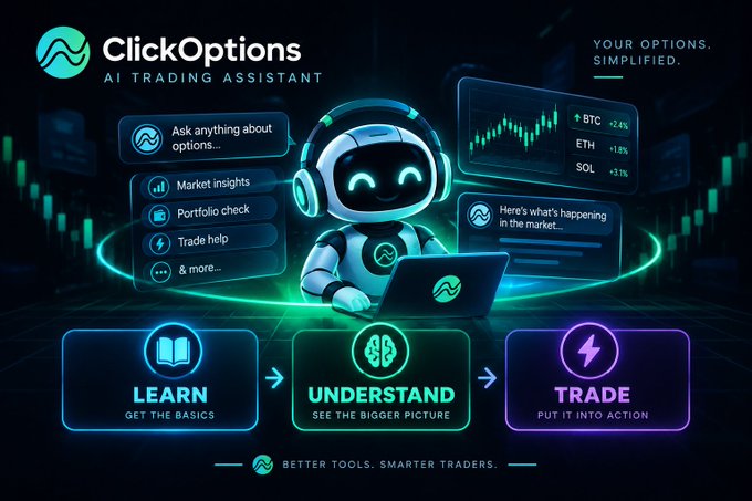 An advertisement for ClickOptions, an AI Trading Assistant, featuring a robot mascot with headphones and a laptop, displaying options like 'Ask anything about options', 'Market insights', 'Portfolio check', 'Trade help', with tickers BTC +2.4%, ETH +1.8%, SOL +3.1%, and steps 'LEARN - UNDERSTAND - TRADE'.