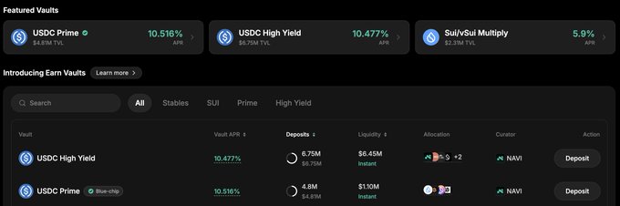A cryptocurrency DeFi dashboard displaying Featured Vaults including USDC Prime (10.516% APR, $4.81M TVL), USDC High Yield (10.477% APR, $5.75M TVL), and Sui/vSui Multiply (5.9% APR, $2.31M TVL), with an 'Introducing Earn Vaults' table showing deposit amounts, liquidity, and NAVI curation.