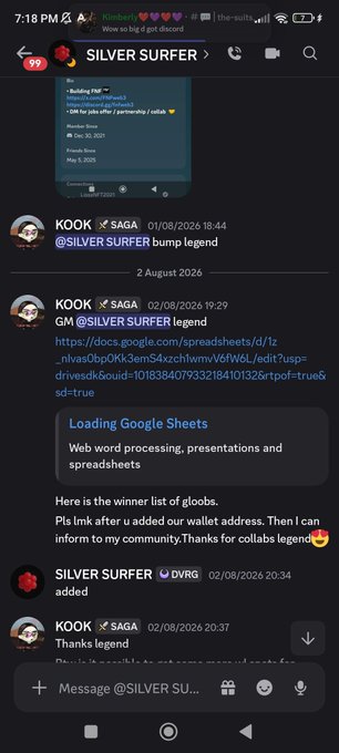 A Discord chat screenshot showing messages between 'KOOK' and 'SILVER SURFER' in a server, discussing a partnership with '@SILVER SURFER legend', including a Google Sheets link for gloobs and mentions of 'PARTNERSHIP' and 'RPx', with a phone status bar showing 7:18 PM.