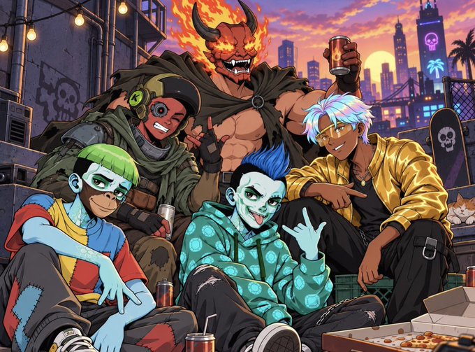 A group of edgy, stylized anime characters—including a horned demon, a green-haired punk, a clown-faced teen, and a gold-jacketed youth—hang out on a rooftop at sunset with pizza and energy drinks, evoking the rebellious, cartoon-cool vibe of the upcoming Kageuri NFT mint.