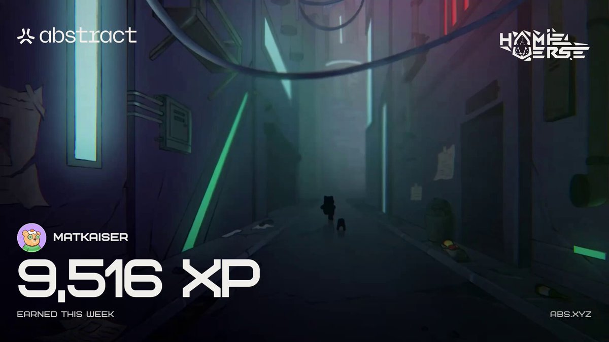 The image features a poster for a video game called "Happy XP Day" with a character walking down an empty street at night, surrounded by neon lights. The poster includes text that reads "Happy XP Day @AbstractChain 9516 XP this week I'M still holding : @bearish_af (obviously) @pengztracted @RuyuiStudios @ppuffins @AbstractHotDogs @hamieverse And obviously I'M still holding my $PENGU XP card x". The poster also includes a link to the game's website, which is listed as "abstractchain.com" and has a rating of 9.5 stars.