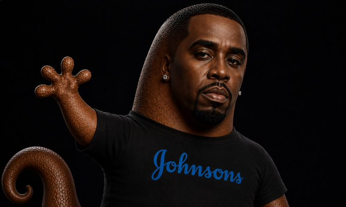 A 3D-rendered caricature of a man with elongated, lizard-like skin and a curled tail wears a black t-shirt reading "Johnson's" in blue script, set against a dark background. The surreal, tongue-in-cheek imagery plays on the post's apology to investors who "bought the top," humorously portraying a "Johnson" in a state of rough, scaly decline while hinting that a recovery may still be possible.