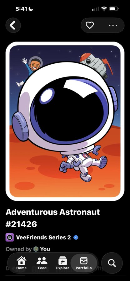 A screenshot from a phone app displays an NFT called 'Adventurous Astronaut' #21426 from the VeeFriends Series 2 collection, showing a cartoon astronaut on Mars.