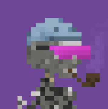 A pixelated gray dinosaur character wearing a blue beanie and pink glasses smokes a pipe, evoking a retro video game NFT collectible aesthetic. The whimsical creature likely represents an option from a crypto/NFT collection the poster is considering purchasing.
