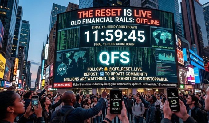 A crowded urban scene showing people holding up phones beneath a massive digital billboard displaying 'THE RESET IS LIVE', 'OLD FINANCIAL RAILS: OFFLINE', a countdown timer reading '11:59:45', and 'QFS' with the handle '@QFS_RESET_LIVE'.
